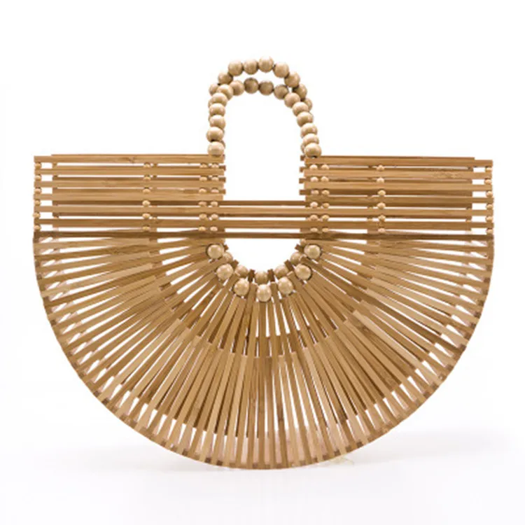 

New Fashion Beaded Handle Bamboo Bag Ladies Hollow Design Handbag Handmade Natrual Women Bamboo Bags