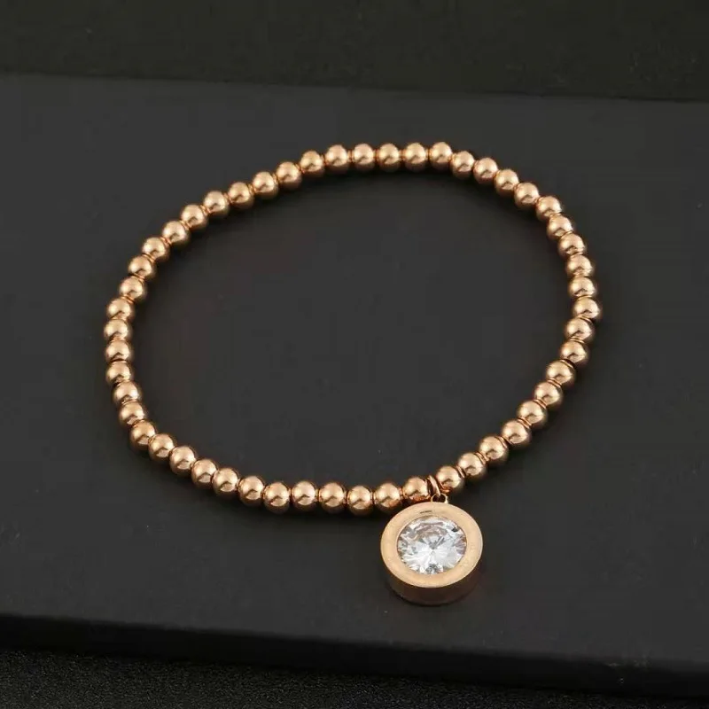 

Round Bead Chain Stainless Steel Bracelet For Women Big Diamond Rose Gold Electroplating Jewelry Wholesale