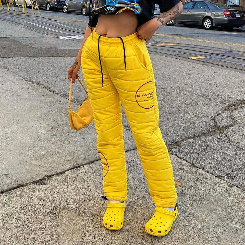 

Winter Coming Women Yellow Puffer Pants Letter Print Warm Thick Cotton Trousers With Pockets