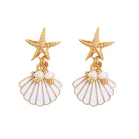 

de912225 2020 New Design Gold Plated Sea Star Starfish White Enamel Shell Pearl Dangling Ocean Style Pendant Earrings
