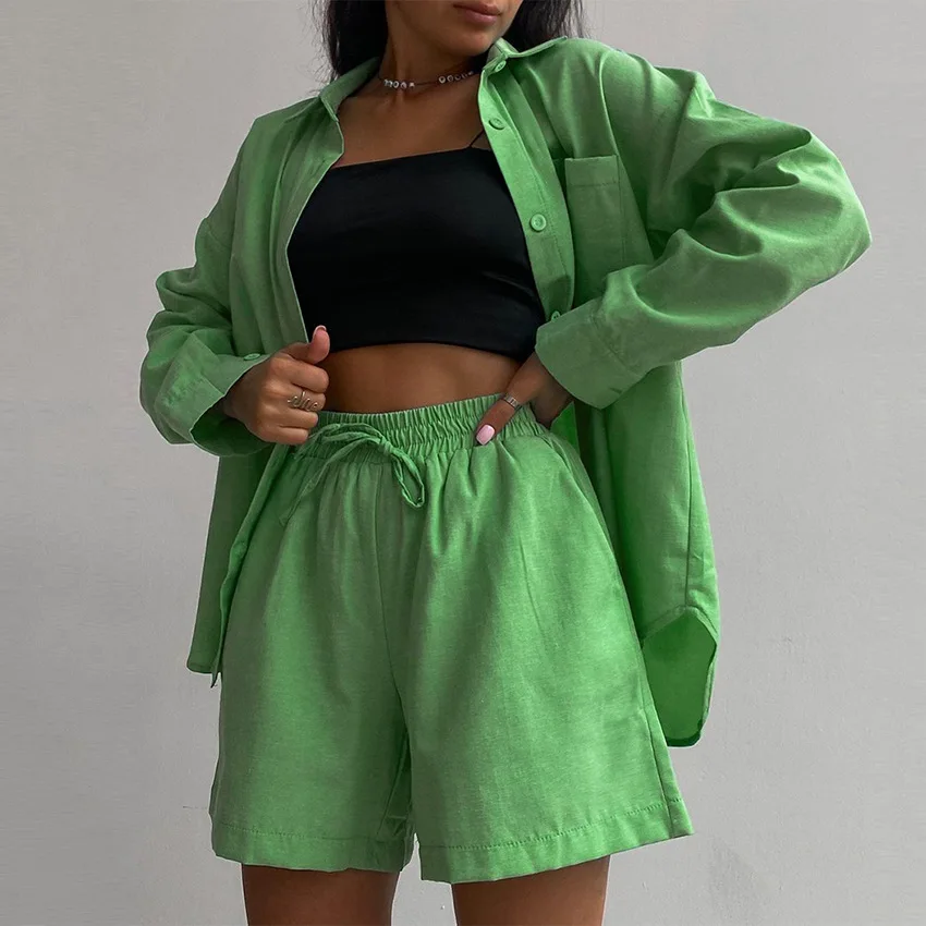 

2022 Women Summer Linen Ropa Para Mujer Matching Button Up Shirt Short Two Piece Sets, Picture shows