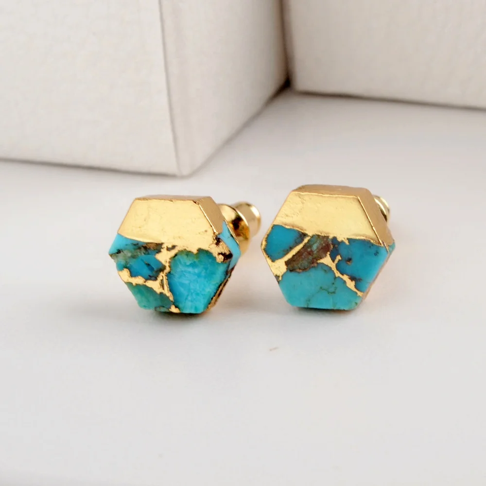 

G1985 Gold Plated Gold line Turquoise Hexagon Stud Earrings Fashion Earrings 2020, Green gold