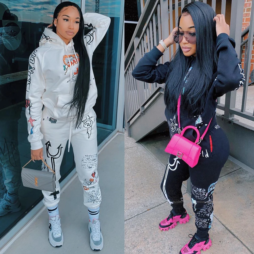 

2021 Winter Women Thick Tracksuits Sweatsuit 2 Piece Set Streetwear Fashion Graphic Graffiti Hoodie Tracksuit Outfits