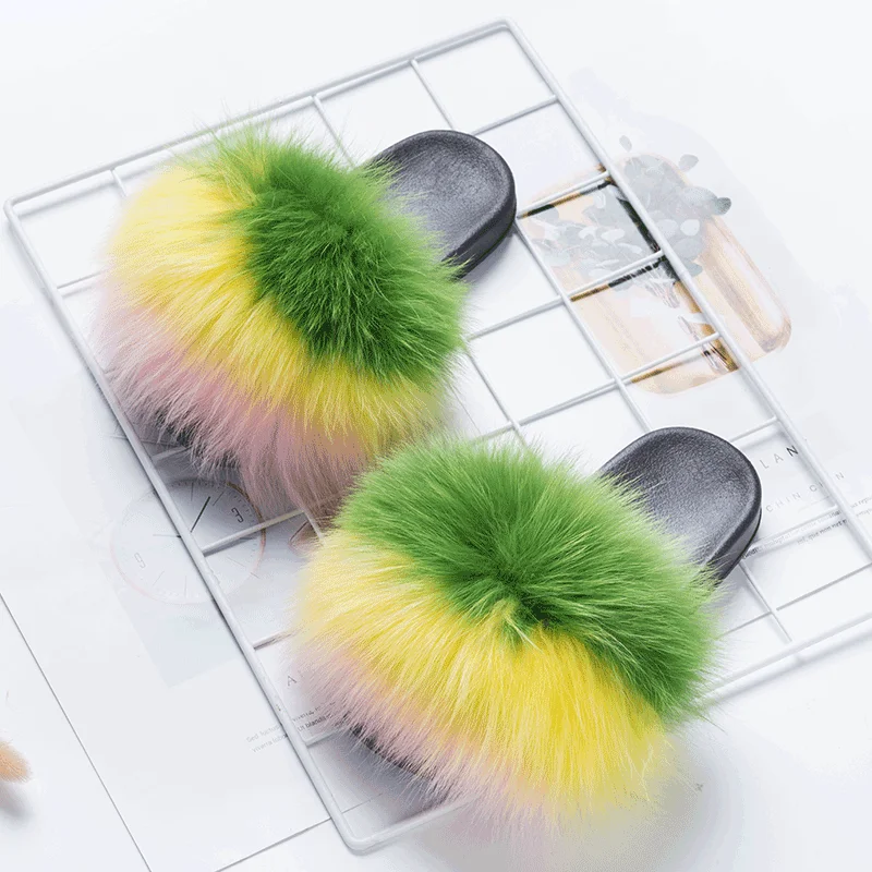 

USA furry fluffy fox raccoon mink fur slides vendors and fur slippers sandals for women toddler baby kids