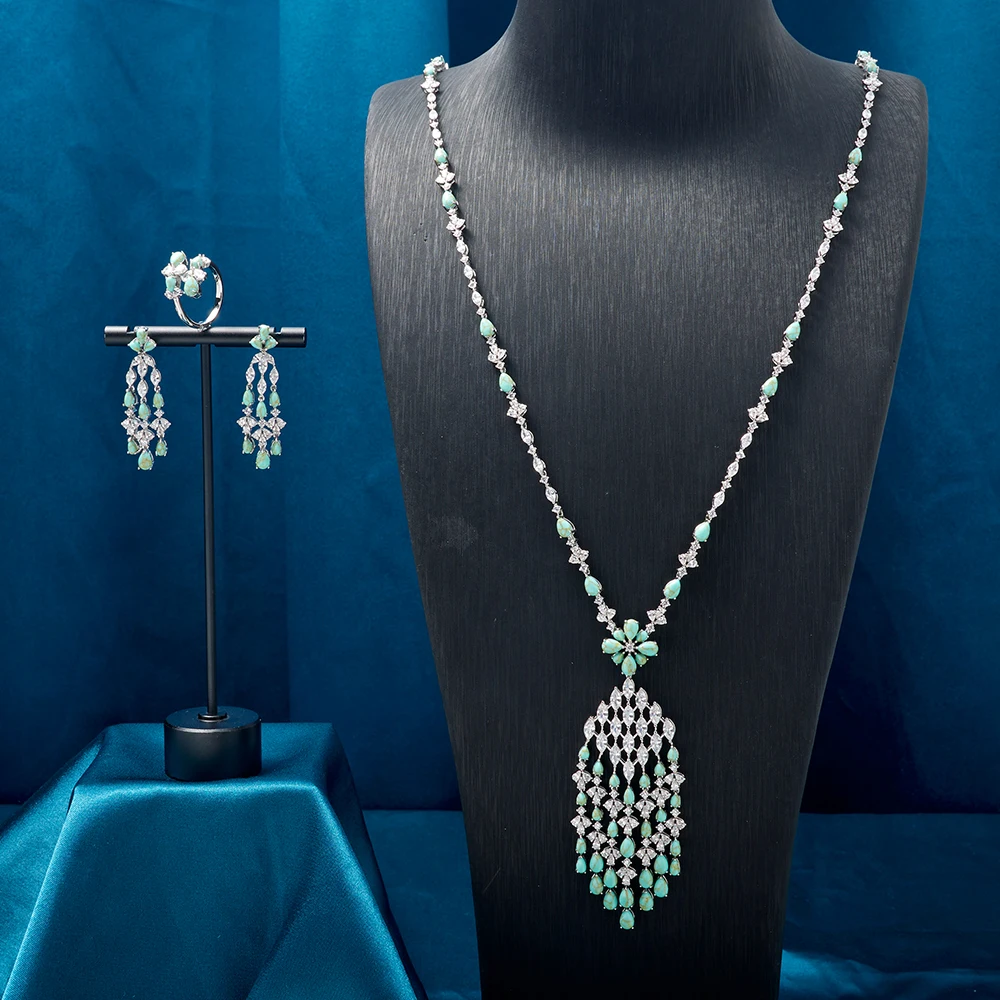 00005 Fashion Long Necklace Set for Women's Cubic Zirconia Bridal Jewelry Trendy Sweater Necklace with Pendant Sparking