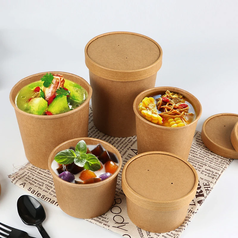 

RTS 32 Ounce Recyclable Compostable Salad Bowl Paper Soup Food Container Wholesale Round Paper Bowl Take Out Soup Cup With Spoon