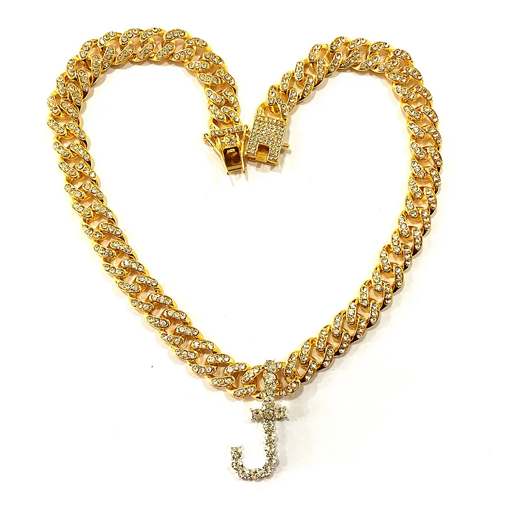 

2020 Hot Sale Cuban Link Chain Chunky Crystal Letter Necklace, Silver/gold/rose gold