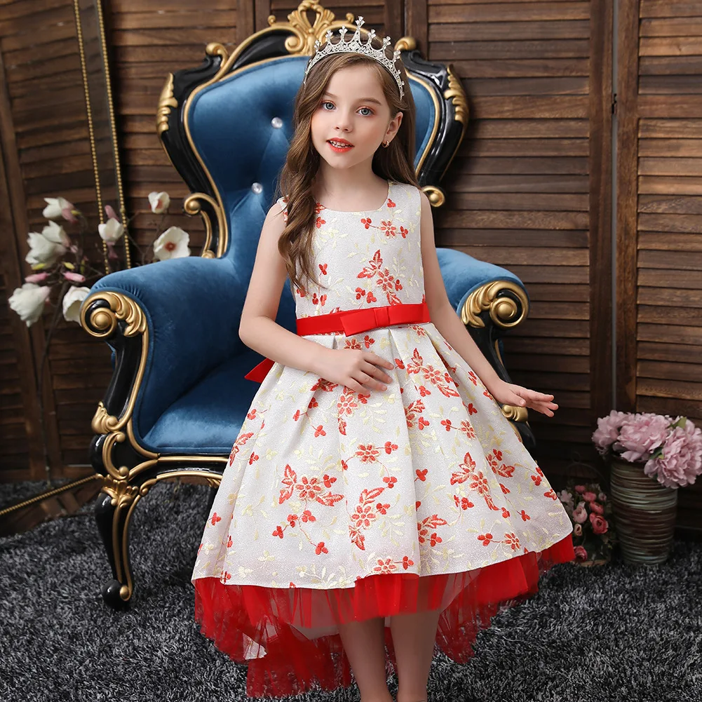 Fluffy and soft girl princess party dress cute trailing net gauze skirt 4-13 years old skirt children's wedding evening dress, Pink, red, gray, green, red bean paste powder