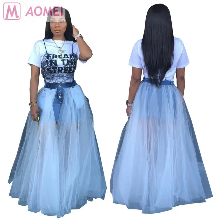 

O1008 latest design solid color denim patchwork woman wholesale mesh pleated long maxi skirt