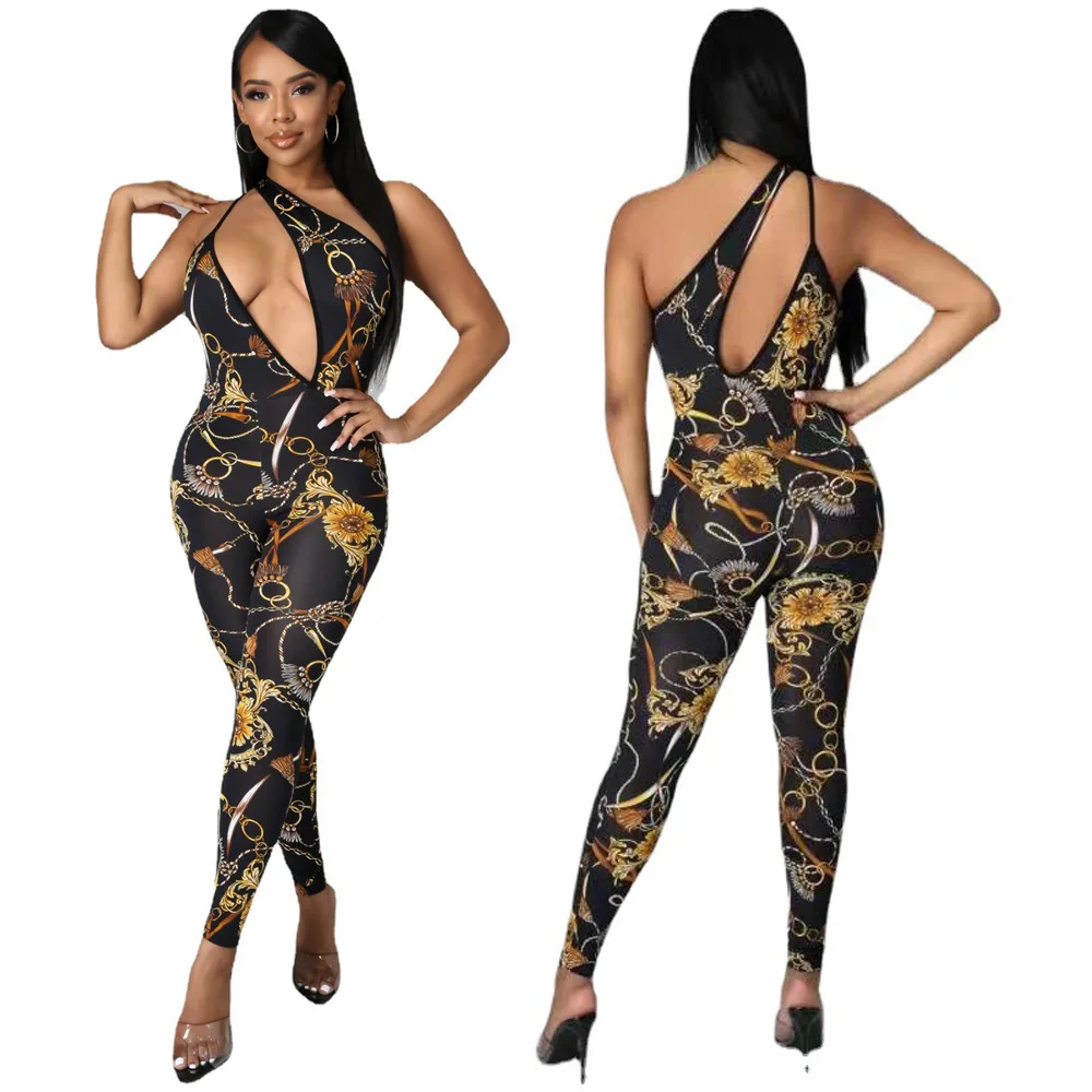 

F30470A New arrival sexy printing off-the-shoulder jumpsuit one-piece women jumpsuits, As picture