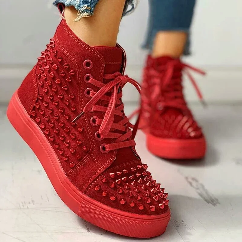 

Women casual shoes red fashion platform high-top rivet casual shoes large size lace-up women's shoes everyday new arrival, Black, red