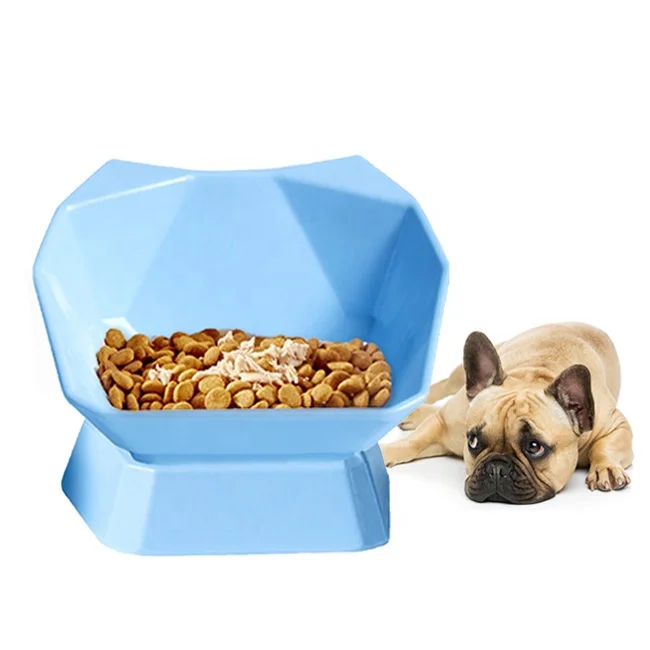 

18cm wide mouth cute geometric design french bulldog kitty bowl tilt 2 in 1 set detachable portable pet bowl with stand, Blue, white