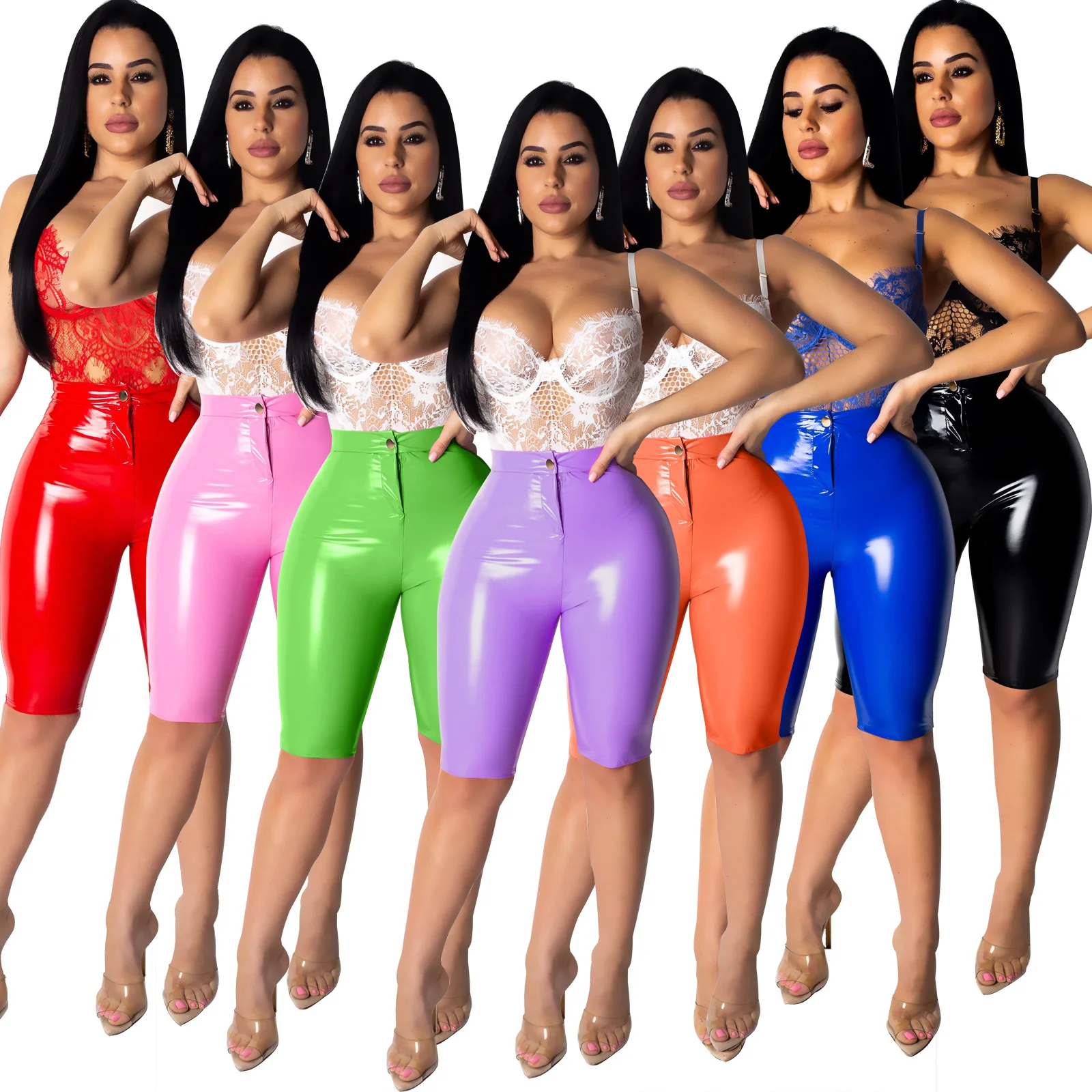 

PU leather women shorts fashion candy color solid half length elastic slim fit female biking shorts clothes