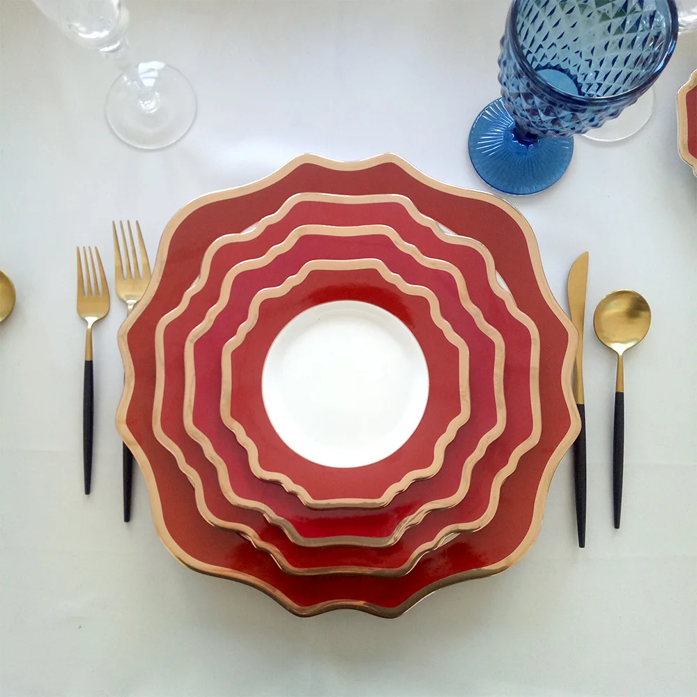 

High Quality Golden Rim Luxury Wedding Dinnerware Set Bone China Sunflower Ceramic Plates set for party, As shown