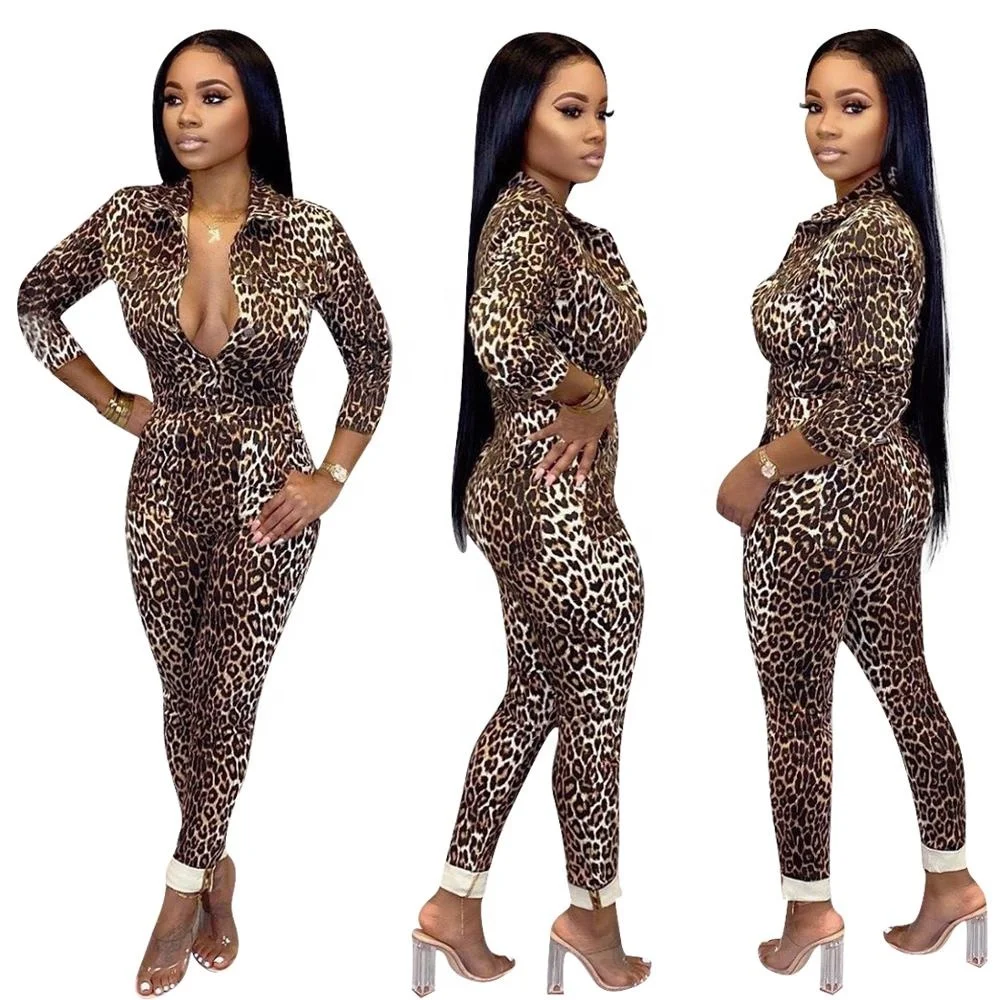 

B62608A American 2020 women sexy hot style sexy leopard print jumpsuit, As picture