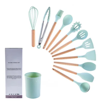

O50 9pcs 11pcs Set Kitchenware Kitchen Accessories Cookware Cooking Tool Sets Wooden Handle Silicone Tableware Set