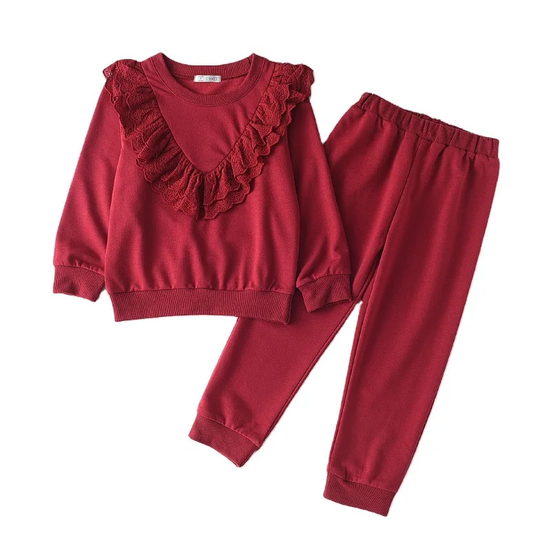 

children girls cotton knitted frill lace sweatshirt and sweatpants clothes sets