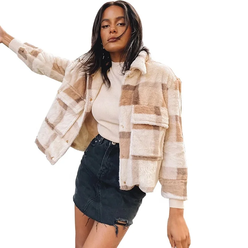 

M2887 New arrivals ladies parka jackets girls fleece jackets stand-up collar plaid short plus size women clothing