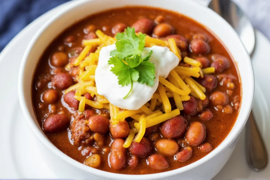 Finished bowl of easy chili recipe with beans topped with cheese, sour cream, and fresh cilantro