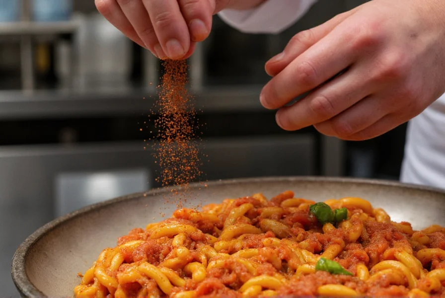Chef's hand sprinkling ground red pepper over a vibrant tomato-based pasta sauce in a professional kitchen setting