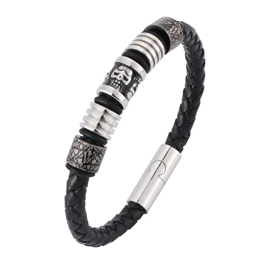 

Leather Braided Bracelet Men Stainless Steel Magnet Clasp Charm Skull Jewelry for Man Punk Leather Wristband Gift SP0417