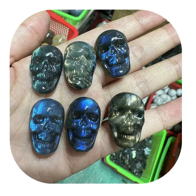 

Hand Carved Natural Blue Flash Labradorite Crystal Small Skulls Cabochon With Wonderful Pattern