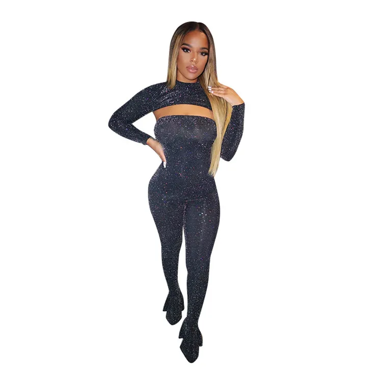 

Cheap Price Women's Clothing Hot Sale Bright Silk Crew Neck Long Sleeve Tops Tight Long Jumpsuit Women Pants Suit