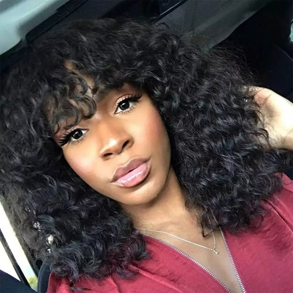 

Brazilian Water Wave Human Hair Wigs With Bangs Full Machine Made Wigs For Women Remy Pixie Cut Bob Wig With Bangs