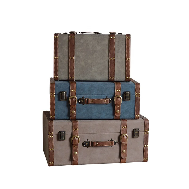 

New retro American style photography prop display storage box wooden cloth pu leather suitcase, Blue grey brown