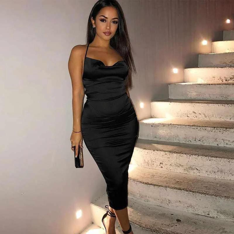 

2021 European and American summer silk halter neck halter thin strap hip sexy clothes women dress