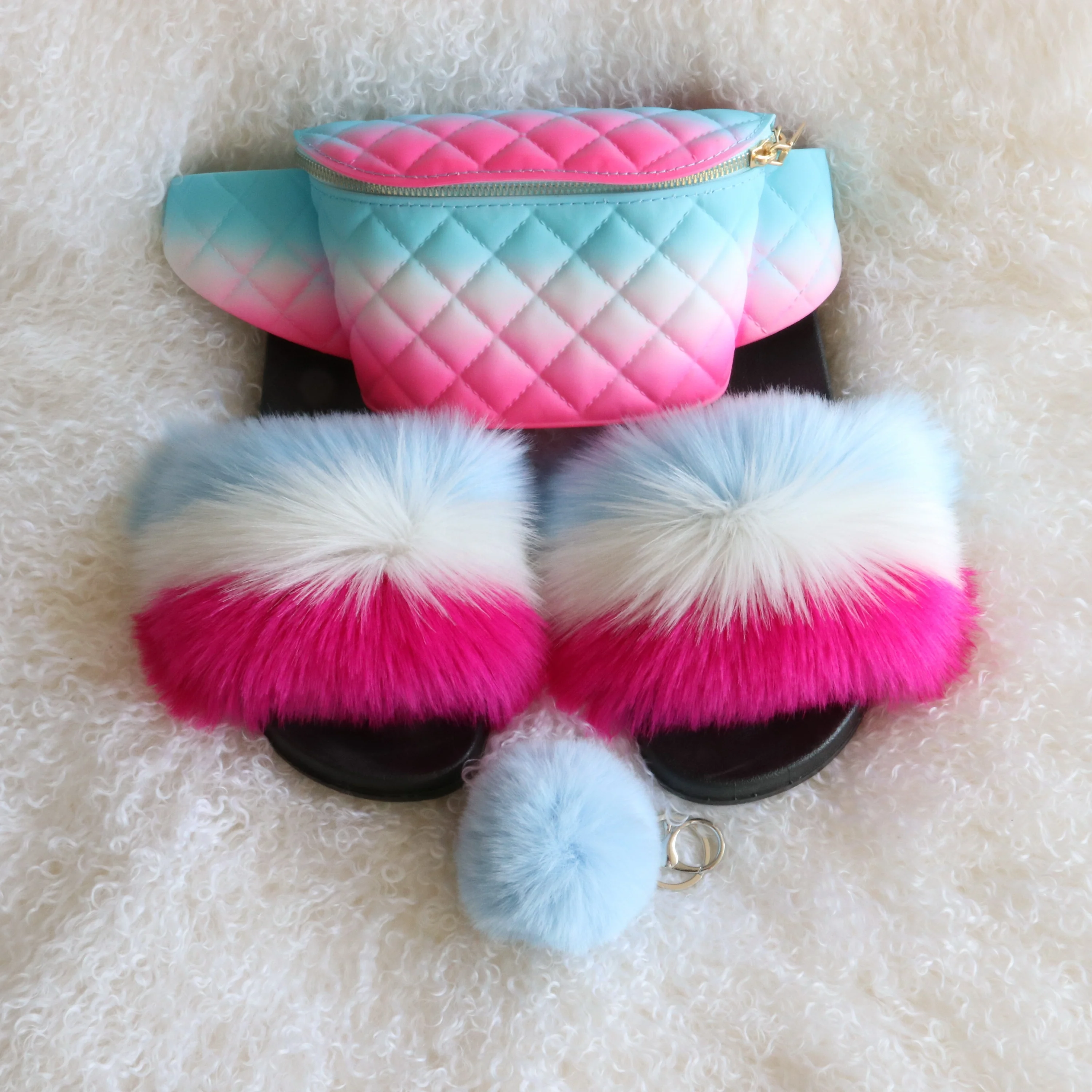

hot sale fashion women girls fanny packs and matching fur slides
