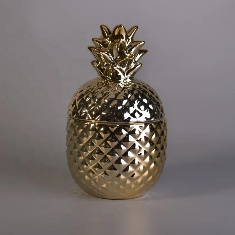 Pineapple gold ceramic candle vessel with lid wholesales