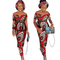 

African Bazin Riche Dress for Women Two Pieces Set Tops & African Print Skirt with Headscarf Bodycon Skirt Clothing 6XL WY1072