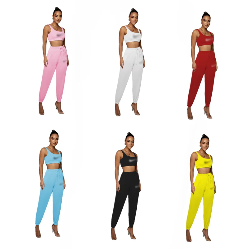 

custom designer plus size vest crop top two piece pants set for women sexy summer boutique jogger 2 piece sets with pockets, 8 colors