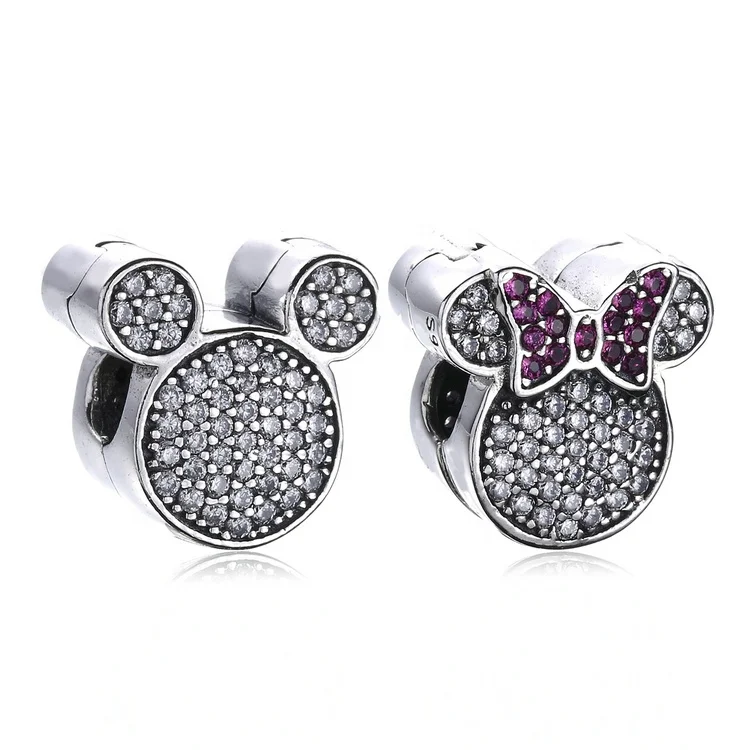 

High quality zirconia bead fashion carton mickey mouse silver clip on charms