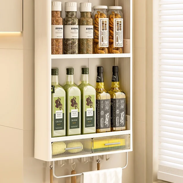 

Hot Selling 3-Layer White Plastic Wall-Mounted Kitchen Storage Rack Condiment Organizer Cabinet Drawer Design Spice Organization