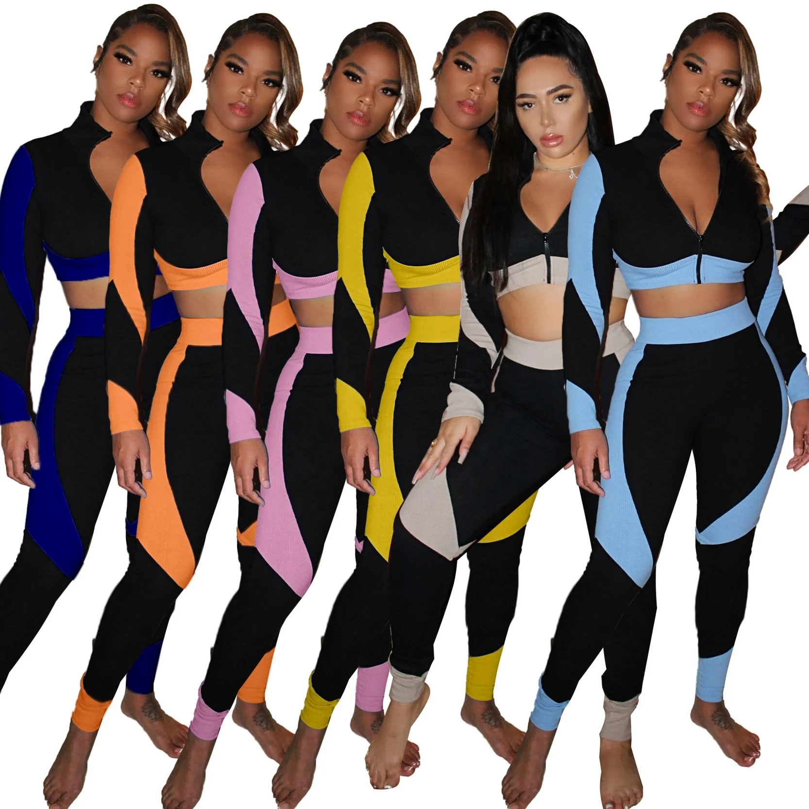 

MT67-3231 new design long sleeve patchwork crop top legging women clothing two piece outfits set
