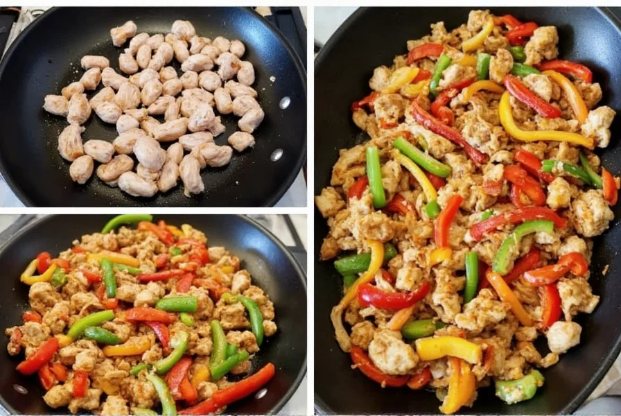 Step-by-step preparation of chicken pepper stir-fry showing chicken strips, colorful bell peppers, and aromatic ingredients in a wok