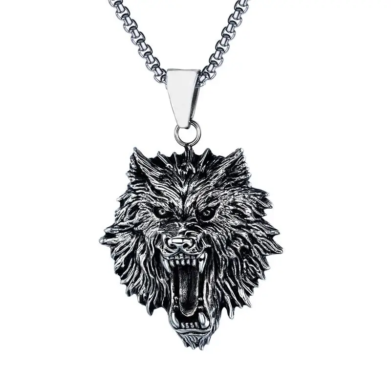 374 European and American Cross-Border Retro Jewelry Punk Rock Personality Stainless Pendant Titanium Steel Wolf Head Men'S Ne