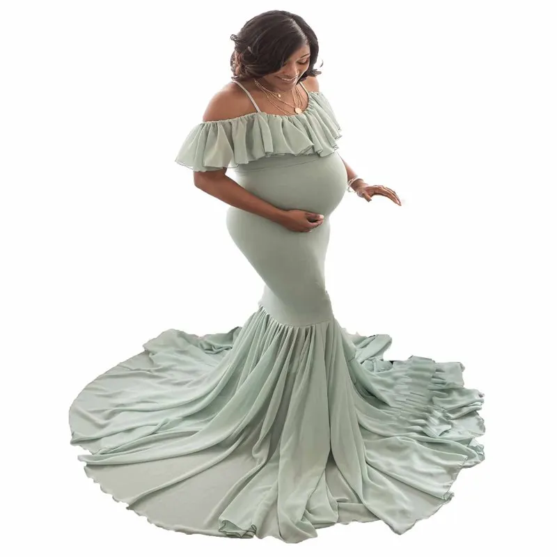 

Maternity Photography Props Floral Lace Dress Fancy Pregnancy Gown For Baby Shower Photo Shoot Flying Sleeve Ruffle Dress, Picture