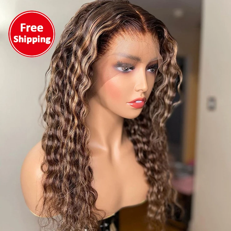

Highlight human hair glueless 13x6 613 30 inch curly frontal hd transparent full closure lace front wig for women