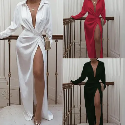 

2021 Split Turn Down Collar Satin Silk Long Sleeve Casual Elegant Sexy Bodycon Long Maxi Dress Party Club Evening Women Dress