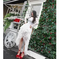 

A2391 Women White Maxi Irregular Hem Lace Dress Girl Elegant Lace Party Dress