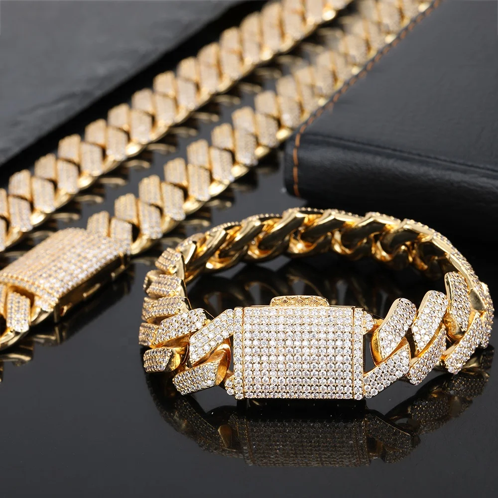 

Wholesale 18K Gold Plated Iced Out Prong CZ Miami Cuban Link Chain 10mm 14mm 19mm Hip Hop Necklace Men Jewelry Custom Moissanite