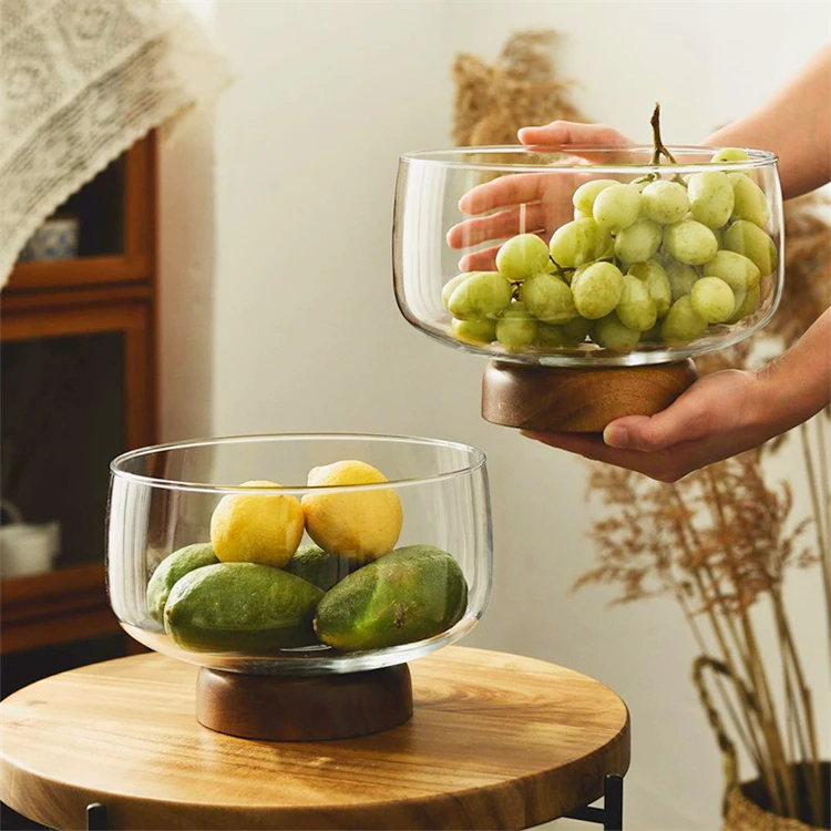 

3500ml Big Size Factory Customized Home Storage Glassware With Wooden Base Handmade Kitchen Food Fruit Plate