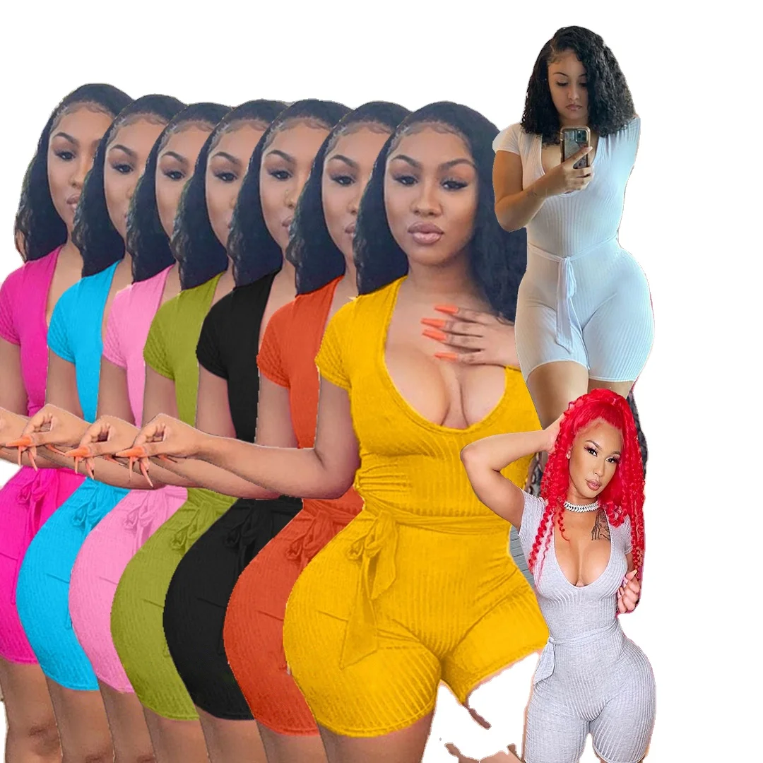 

Summer Women Casual One Piece Rompers Elasticity Jumpsuit Solid Color Bandage V-Neck short Bodycon 02226062