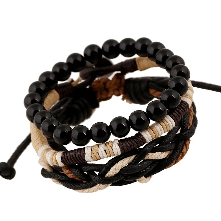 

Bulk Wholesale 3pcs/set Fashionable Unisex Hemp Rope Bracelets Glass Beaded Bangles Hand Woven Jewelry