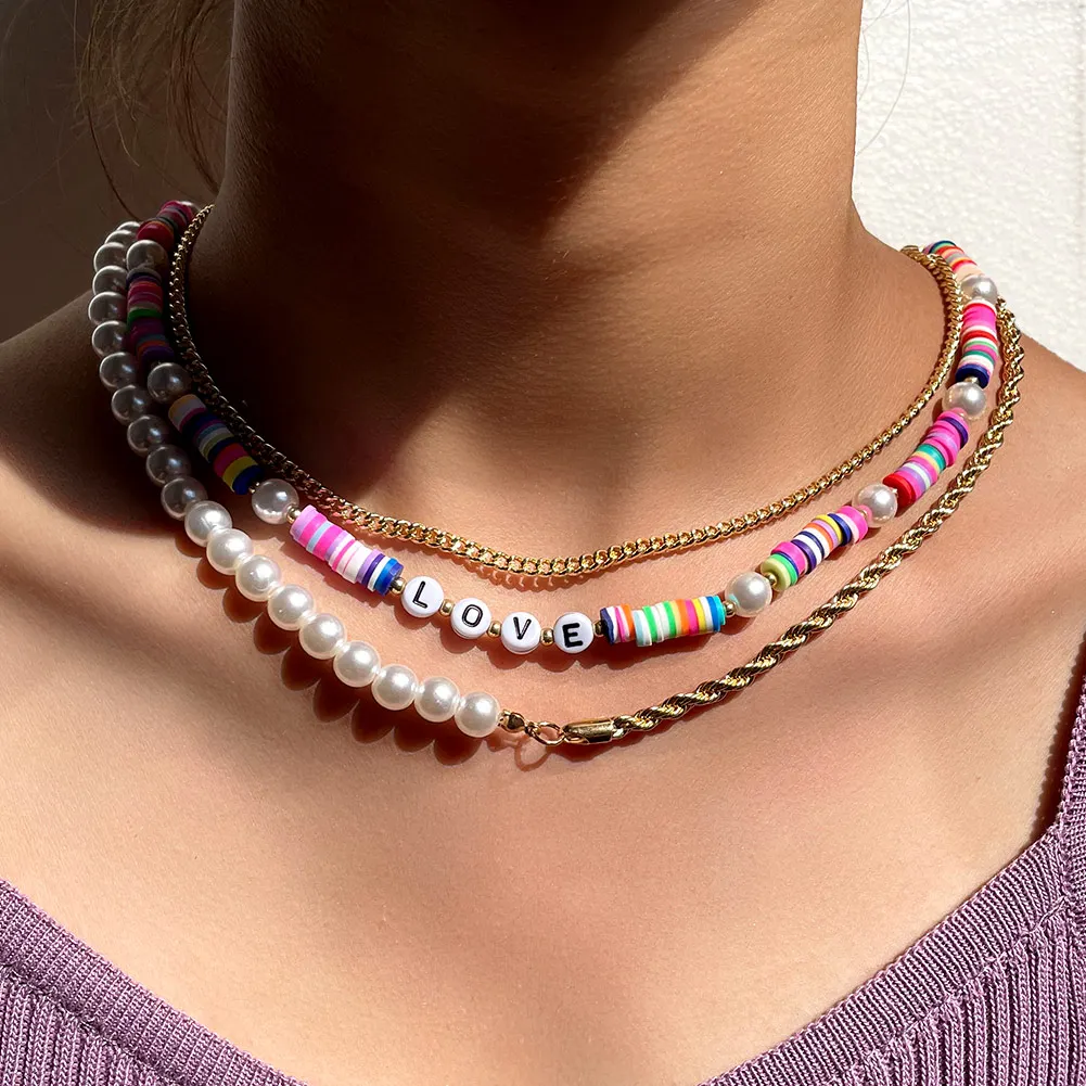 

Fashion Handmade Adjustable Gold Plated Jewelry Trendy Boho Colorful Clay Half Alloy Half Pearl Multilayer Necklaces, Mixed color