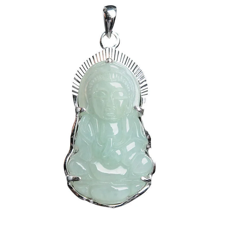 

S925 Silver Inlay Natural Myanmar Jade Goddess Of Mercy Pendant Jewelry Factory Live Delivery FC1010316