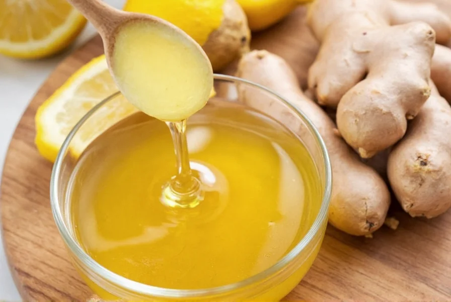 Fresh ginger root, lemon slices, and raw honey in a glass jar